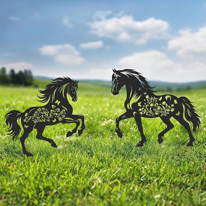 Metal Horse Decor for Outside,2 Piece Black Horse Silhouette Statues Garden Decor for Outside,Outdoor Decor,Yard Art,Lawn Ornaments,Gifts(Black Horse)
