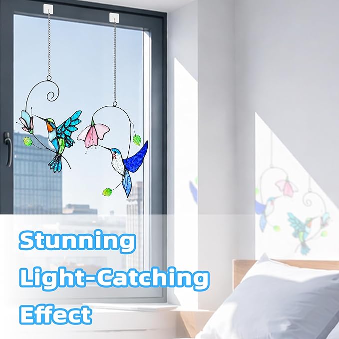 2 Packs Hummingbird Stained Glass Window,Stained Glass Window Hanging,Hummingbird Ornament,Handmade Real Suncatchers Decor for Women Mom Grandma Bird Lovers