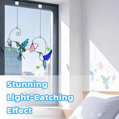 2 Packs Hummingbird Stained Glass Window,Stained Glass Window Hanging,Hummingbird Ornament,Handmade Real Suncatchers Decor for Women Mom Grandma Bird Lovers