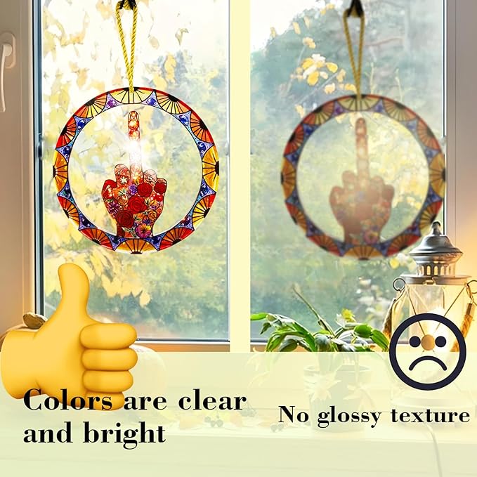 Middle Finger Suncatcher Color Stained Glass Window Hanging, Handmade Acrylic Funny Light Sun Catcher Indoor Outdoor Wall Hanger Ornament, Hand-Painted Glass Panel Decor for Home Office (E)