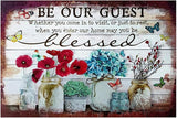 Flowers Metal Poster, Country Rustic Tin Sign, Butterfly be Our Guest, Yard Garage Farm Outside Garden Wall Decor Plaque Outdoor for Home Fence 8 X 12 Inch