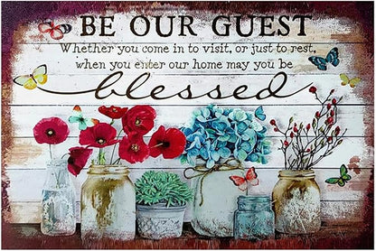 Flowers Metal Poster, Country Rustic Tin Sign, Butterfly be Our Guest, Yard Garage Farm Outside Garden Wall Decor Plaque Outdoor for Home Fence 8 X 12 Inch