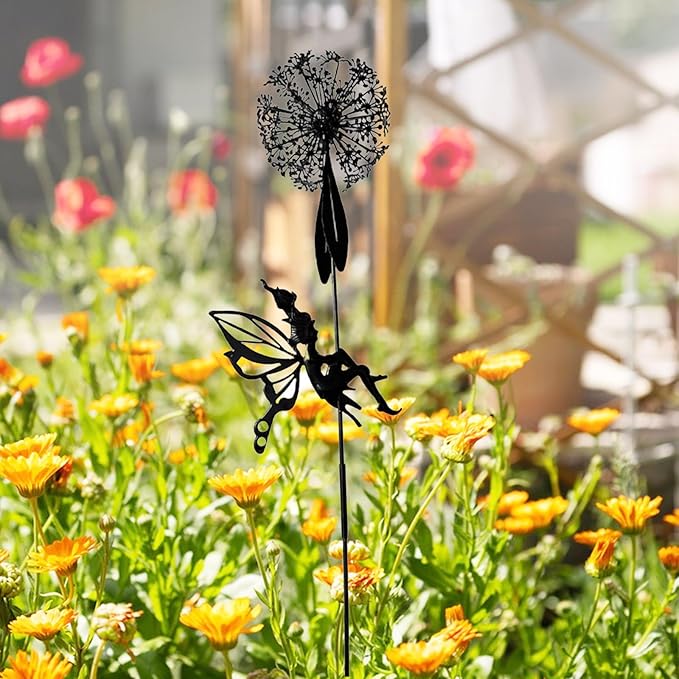 Flower Fairy Dancing with Dandelion Garden Sculpture,Angel Metal Ornaments Stainless Steel Statue Decorations,Wonderland Outdoor Yard Lawn Patio Stakes Sculptures Decor (F)