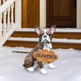 Outdoor Boston Terrier Dog Statue with Interchangeable Welcome sign and Detachable Solar Lantern –LED Light Garden Dog Sculpture Décor Garden Statue Outdoor dog statue Cute Puppy Design for Yard Gift