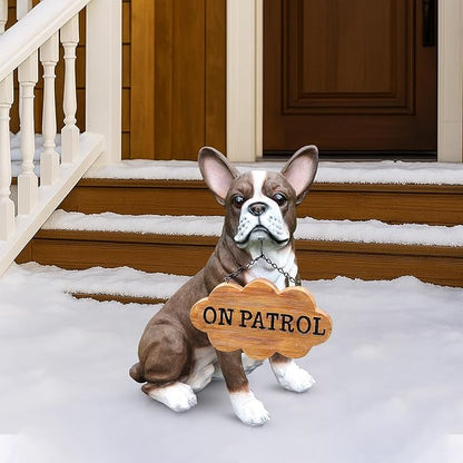Outdoor Boston Terrier Dog Statue with Interchangeable Welcome sign and Detachable Solar Lantern –LED Light Garden Dog Sculpture Décor Garden Statue Outdoor dog statue Cute Puppy Design for Yard Gift