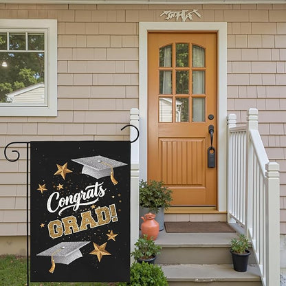 Congrats Grad Garden Flag Graduation Yard Flags Class of 2025 College Graduations Double Sided Graduational Cap Stars Black Gold House Banner for Lawn Porch Patio Yard Party Decor 12 x18 Inch