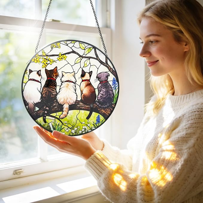 Stained Glass Suncatchers for Windows, 8 in Stained Glass Sun Catchers Indoor Window, Cat Suncatchers for Home Decor, Garden, Patio, Gift for Cat Lovers
