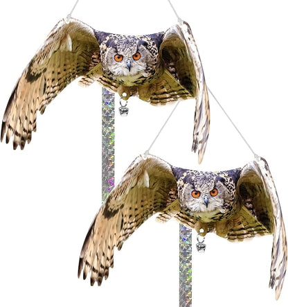 Owls to Keep Birds Away: 2Pcs Fake Owls with Reflective Tape for Garden Patio, Bird Scare Reflective Hanging Decoration to Keep Birds Pigeon from Windows Tree Garden