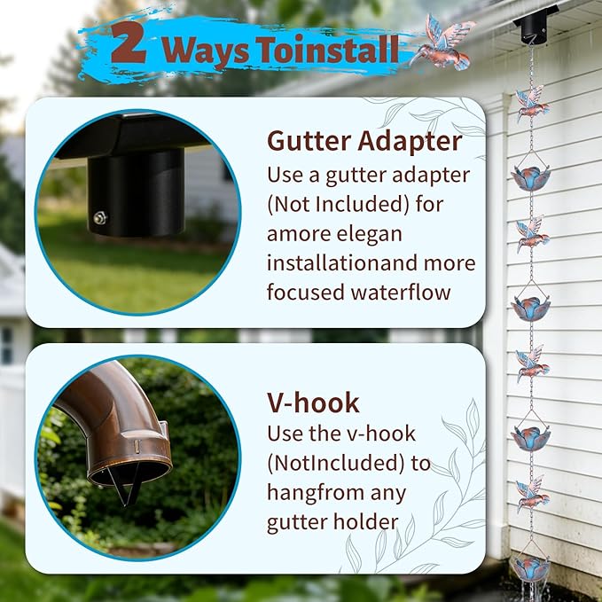 9.2ft Rain Chains for Gutters Outside,Rain Catcher Chain with 6 Lotus Rain Metal Cups & 7 Hummingbird Decor,Adjustable Rain Catcher Chain Replacement Downspout for Gutters,Drainage & Eaves