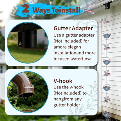 9.2ft Rain Chains for Gutters Outside,Rain Catcher Chain with 6 Lotus Rain Metal Cups & 7 Hummingbird Decor,Adjustable Rain Catcher Chain Replacement Downspout for Gutters,Drainage & Eaves