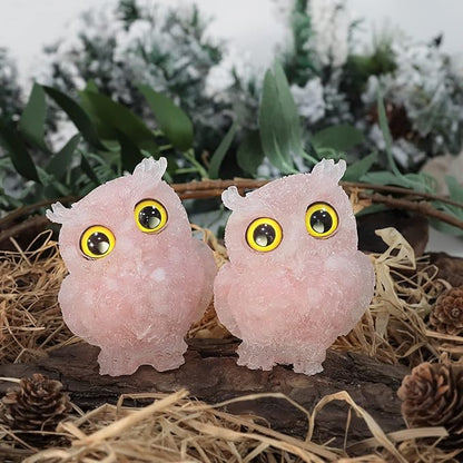 Nupuyai 3 inches Orgone Resin Crystal Chips Tumbled Stone Owl Statue, Mini Hand Carved Stone Crystal Animal Figurines for Tabletop Indoor Outdoor, Rose Quartz