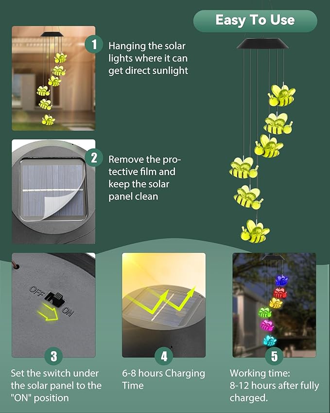 DOUBLEZHE Solar Wind Chimes for Outside, Color Changing Bee Wind Chimes Outdoor Clearance, Birthday Gifts for Mom Women Grandma Wife Girls, Unique Garden Decor Colorful Patio, Balcony Yard Decoration
