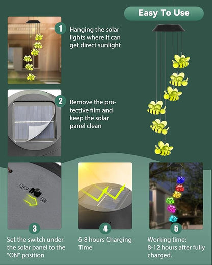 DOUBLEZHE Solar Wind Chimes for Outside, Color Changing Bee Wind Chimes Outdoor Clearance, Birthday Gifts for Mom Women Grandma Wife Girls, Unique Garden Decor Colorful Patio, Balcony Yard Decoration