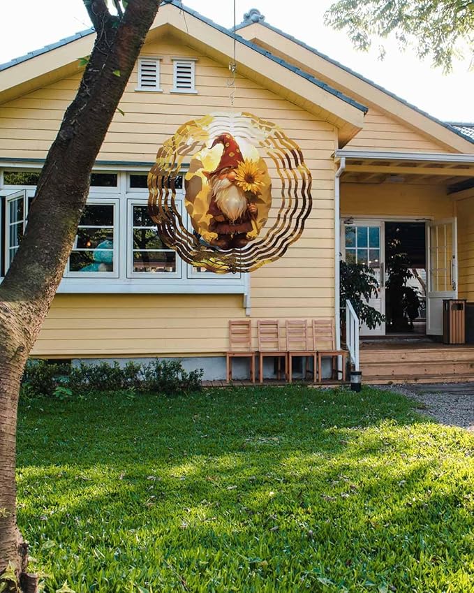 Stainless Steel Wind Spinner for Yard Garden Decoration, Fall Cute Gnomes Sunflower Round Wind Sculpture Spinner 3D Crafts Hanging Ornaments for Indoor Outdoor, 8 Inch
