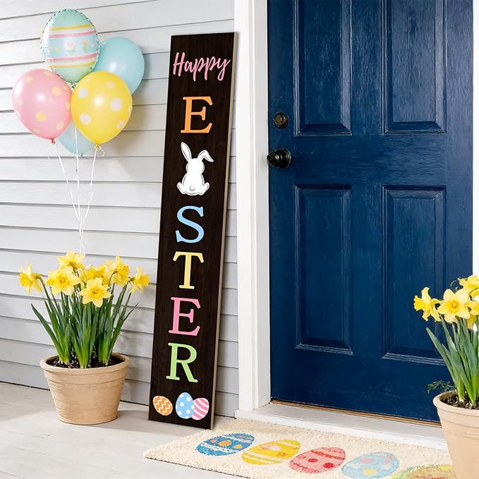 Easter Porch Sign Bunny Rabbit Welcome Sign Vertical Standing Sign For Front Porch Decor Farmhouse Wall Hanging for Patio Yard Party Indoor Outdoor Holiday Decoration 47.2"H Black