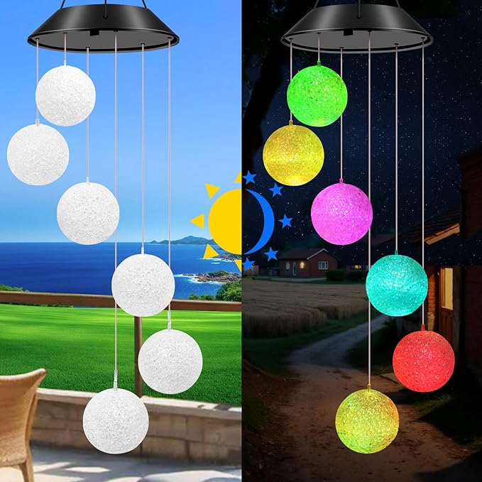 WENANA Ball Solar Wind Chimes Color Changing Lights Outdoor, Best Gifts for Mom Grandma Women Wife Aunt Daughter Sister, Unique Mobile Wind Chime, Gardening Yard Decorations