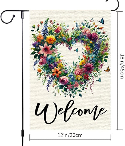Welcome Spring Summer Garden Flag 12x18 Inch Colorful Floral Love Hearts Garden Flags Double Sided Small Burlap Birds Flowers Butterflies Outdoor Decor Patio Yard Outside Decorations