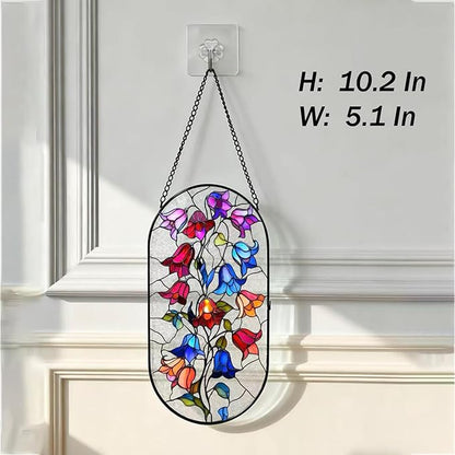 Stained Glass Window Hanging, Colorful Morning Glories Long Sun Catcher for Wall Door Vertical Decor, Garden Yard Linear Hanging Gifts for Women, Men, Mom, Day Birthday, Party Holiday