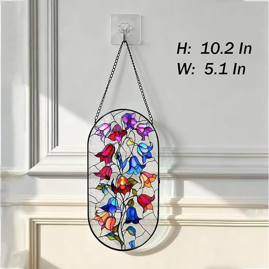 Stained Glass Window Hanging, Colorful Morning Glories Long Sun Catcher for Wall Door Vertical Decor, Garden Yard Linear Hanging Gifts for Women, Men, Mom, Day Birthday, Party Holiday