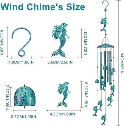 Mermaid Wind Chimes for Outside/Indoors, Mermaid Gifts for Women Mom Grandma, Aluminum Tubes Windchimes S Hook, 37" Wind Chime Hanging Decor for Home Patio Garden Porch Yard (Blue-Mermaid)
