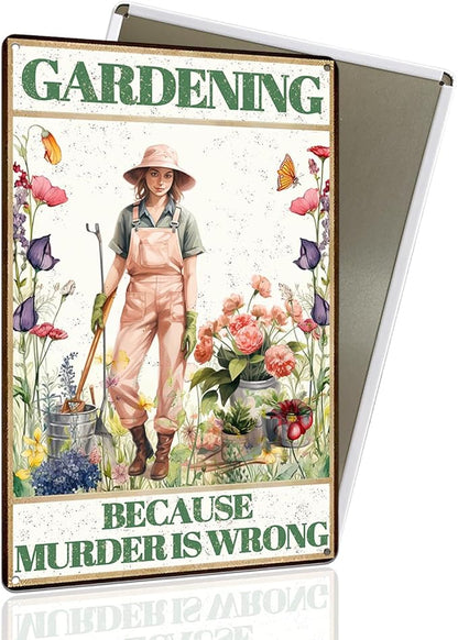 Funny Garden Metal Sign for Decor, GARDENING BECAUSE MURDER IS WRONG Vintage Backyard Porch Yard Garden Decor Outdoor, Gard Gift for Woman, Wife, Mama, Grandma 8x12"