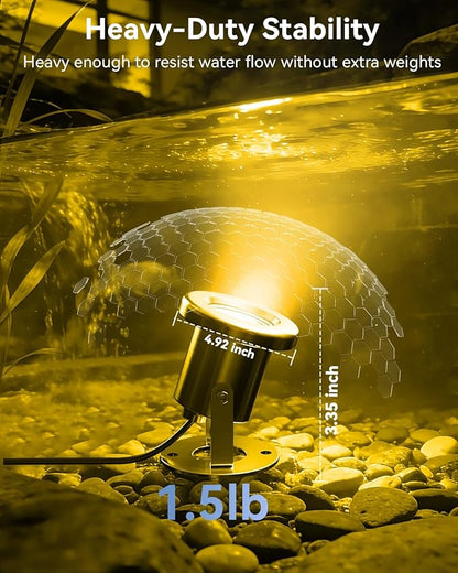 6W LED Pond Light, 2700K SS316 Stainless Steel Underwater Fountain Light with 15FT Cord, IP68 Waterproof Pond Lights LED Underwater for Outdoor Pond Fountain Waterfall Water Feature (1 Pack)
