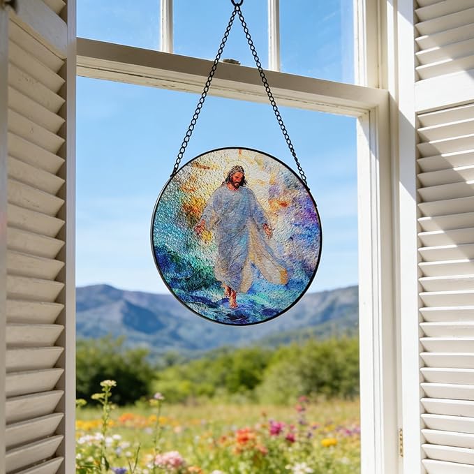 7.88'' Jesus Stained Glass Window Hanging,Christian Jesus Suncatchers Stained Glass Hanging with Hook Chain for Window, Sun Catchers Home Decor for Mother's Day Birthday for Women, Men, Wife, Mom
