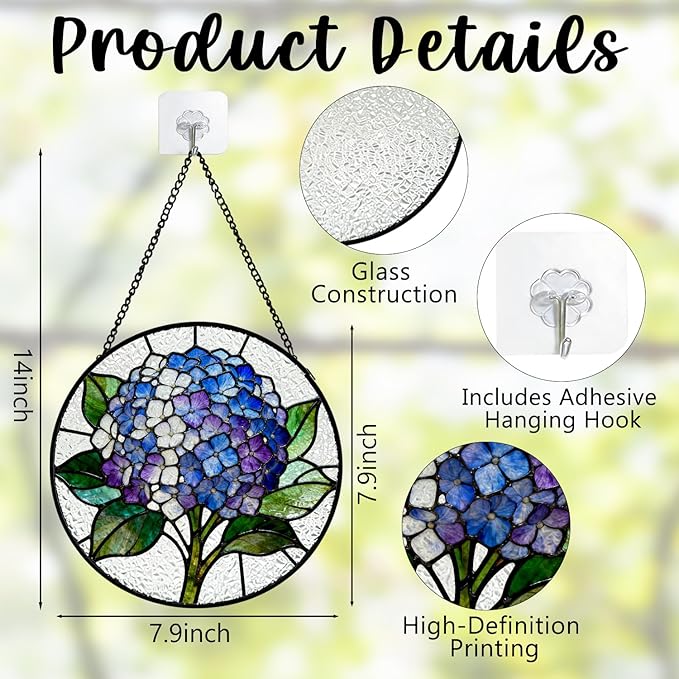 Blue White Hydrangea Flower Stained Glass Window Hanging, Cottagecore Hydrangea Floral Suncatcher Indoor Window Glass Round Wall Art Decor, 7.9x7.9 Inch