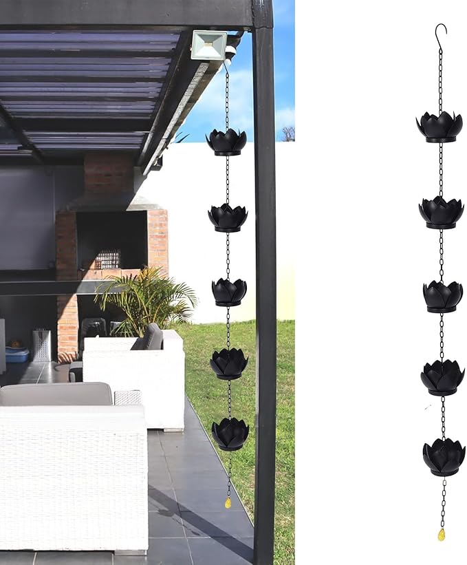 Pssopp Rain Catcher Garden Ornament, Metal Handmade Hanging Lotus Rain Chain for Gardens Porches Gazebos Decks