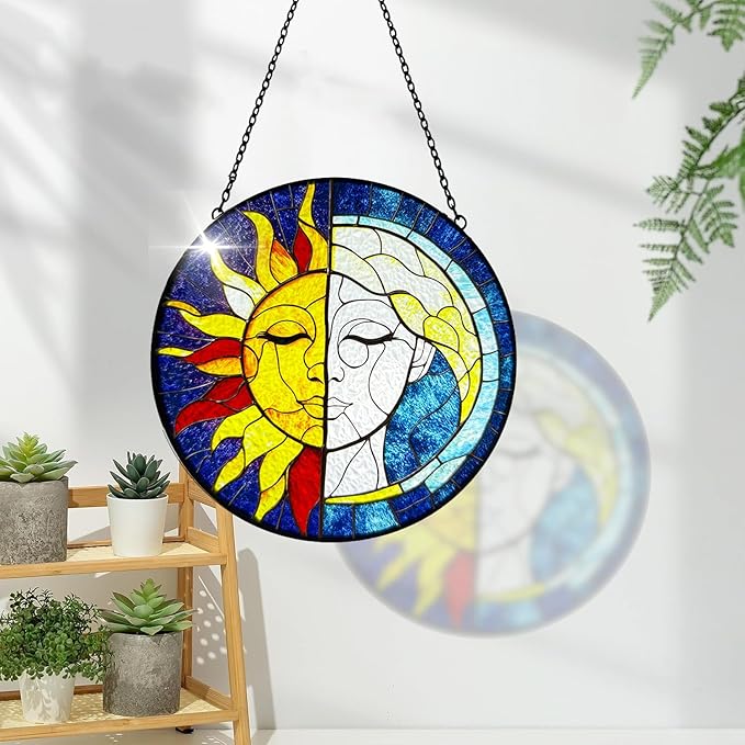 Sun Catchers Indoor Window Sun and Moon Stained Glass - Handmade Stained Glass Suncatchers Hanging with Hook and Chain - Outdoor Garden Decor Housewarming Gift for Christmas and Thanksgiving