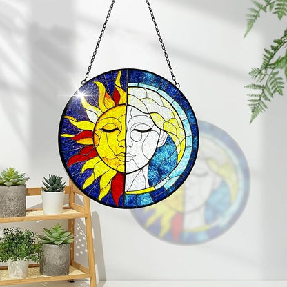 Sun Catchers Indoor Window Sun and Moon Stained Glass - Handmade Stained Glass Suncatchers Hanging with Hook and Chain - Outdoor Garden Decor Housewarming Gift for Christmas and Thanksgiving