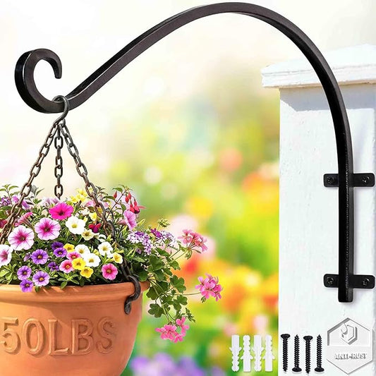 Lifyzoon Heavy Duty Hanging Plant Bracket: 50lbs Weight Capacity - Black Metal Plant Hangers for Outside, 16 Inch Outdoor Wall Hooks for Large Bird Feeder, Lanterns, Wind Chimes, Flower Baskets