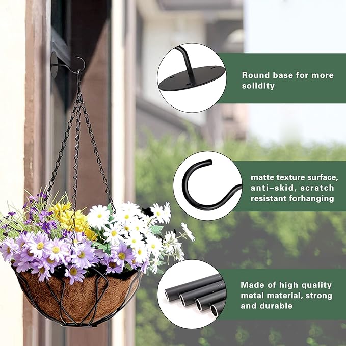 Ceiling Hooks for Hanging Plants, Metal Plant Hooks Wall Mount Hangers for Hanging Plants, Bird Feeders, Wind Chimes, Lanterns, Planters - Outdoor Decoration Hooks (3 Pack) (Black)