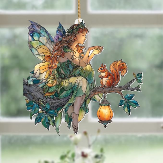 Fairy Ornament Acrylic Suncatcher – Stained Glass Style Fairy Sitting on Branch with Squirrel & Lantern, Fantasy Window Hanging Decor, Enchanted Forest Ornament, for Women (Sun-33)
