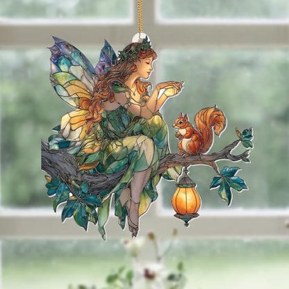 Fairy Ornament Acrylic Suncatcher – Stained Glass Style Fairy Sitting on Branch with Squirrel & Lantern, Fantasy Window Hanging Decor, Enchanted Forest Ornament, for Women (Sun-33)