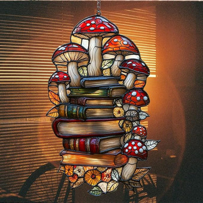 Forest Mushroom Books Acrylic Suncatcher Stained Glass Effect Window Car Hanging Christmas Ornament Indoor Outdoor Decor Garden Sun Catcher Panel for Book Lover for Women Mom Grandma