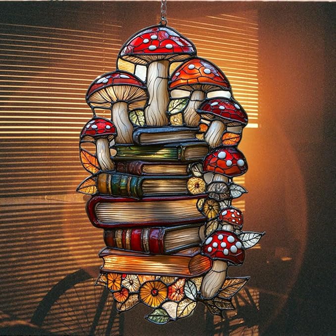 Forest Mushroom Books Acrylic Suncatcher Stained Glass Effect Window Car Hanging Christmas Ornament Indoor Outdoor Decor Garden Sun Catcher Panel for Book Lover for Women Mom Grandma
