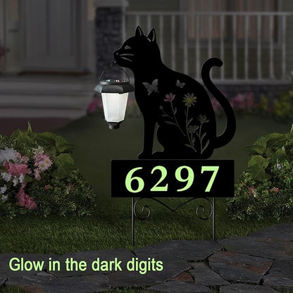 Solar Cat Garden Stakes Cat Holding Solar Lantern Decor Stakes Animal Yard Decorative Stakes Yard Sign -Number