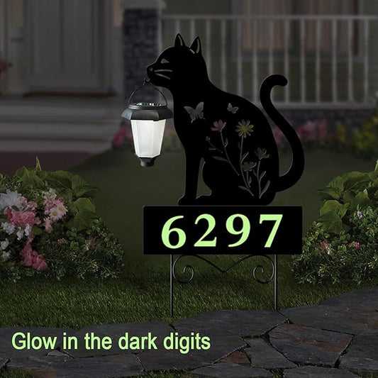 Solar Cat Garden Stakes Cat Holding Solar Lantern Decor Stakes Animal Yard Decorative Stakes Yard Sign -Number