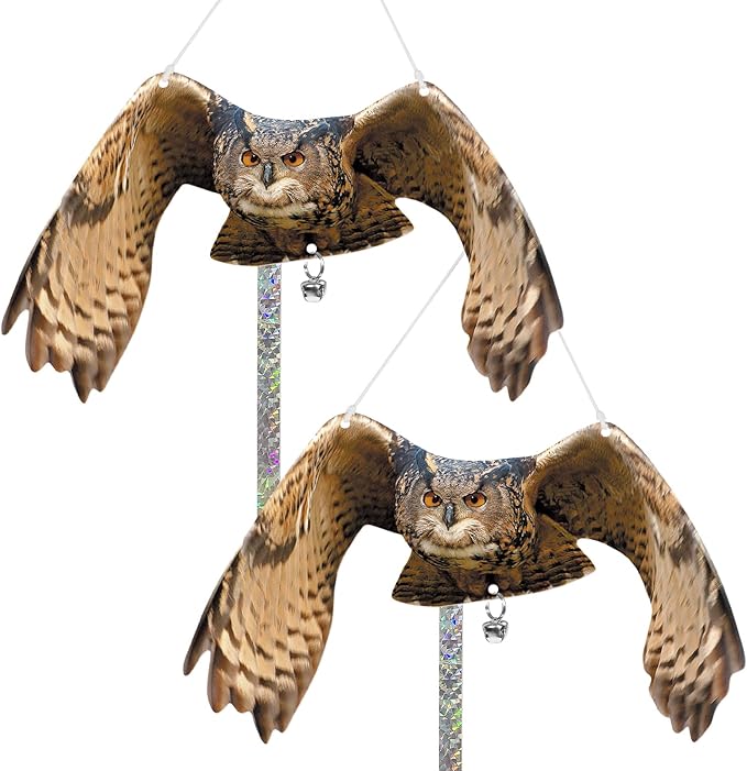 Owls to Keep Birds Away: 2 Pack Fake Owls with Reflective Tape for Garden Patio Tree, Bird Scare Reflective Hanging Decoration to Keep Birds Pigeon from Windows Tree Garden