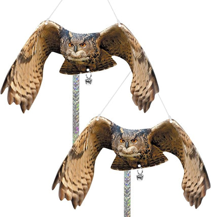 Owls to Keep Birds Away: 2 Pack Fake Owls with Reflective Tape for Garden Patio Tree, Bird Scare Reflective Hanging Decoration to Keep Birds Pigeon from Windows Tree Garden