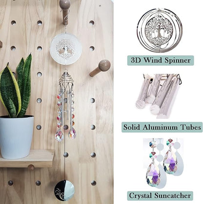 Hourwof Memorial Wind Chimes for Outside,Decorative Wind Chime with Wind Spinner for Garden Patio Yard,Crystal Suncatcher Windchime,Housewarming Gift,Tree of Life