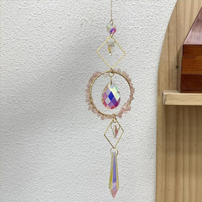 Crystal Suncatchers Window Hanging Wind Chime Natural Fluorite Rose Quartz Pendant Ornament,for Home, Garden Tree Plants, and Meditation Decor (Pink)