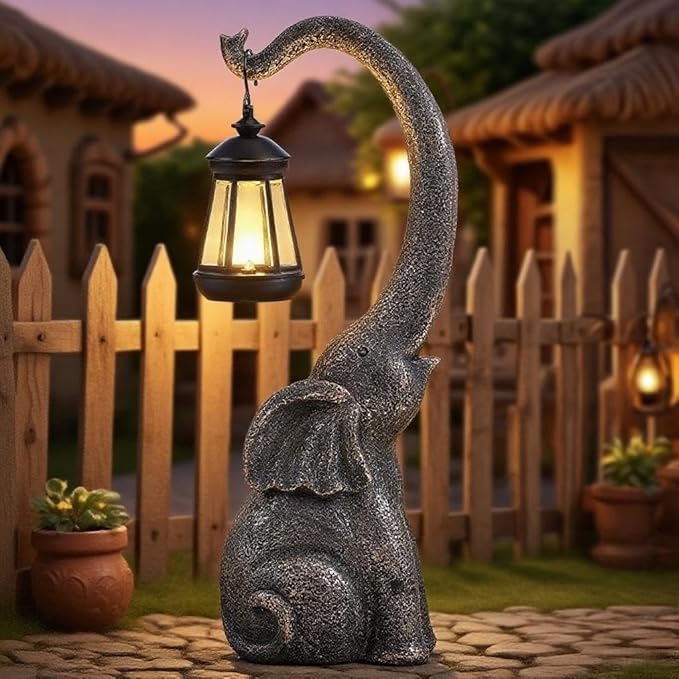 Solar Elephant Statue, Elephant Garden Statue with Solar Lights, Outdoor Elephant Decor for Porch Patio Lawn Balcony, Resin Elephants Figurine Decorations, Birthday Gifts for Mom Grandma Animal Lovers