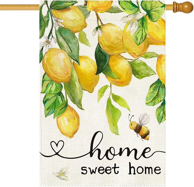 Baccessor Spring House Flag Lemon Bee Floral Home Sweet Home Large Yard Flag 28 X 40 Inch Double Sided Burlap Summer Welcome Flag for Outside Outdoor Porch Decor