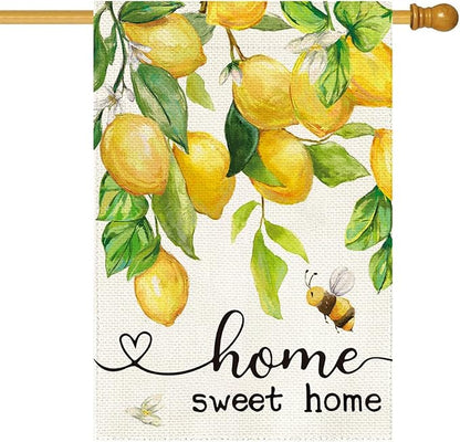 Baccessor Spring House Flag Lemon Bee Floral Home Sweet Home Large Yard Flag 28 X 40 Inch Double Sided Burlap Summer Welcome Flag for Outside Outdoor Porch Decor