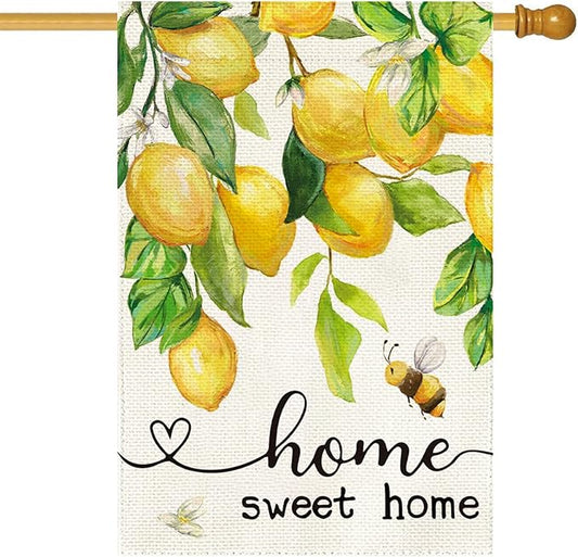 Baccessor Spring House Flag Lemon Bee Floral Home Sweet Home Large Yard Flag 28 X 40 Inch Double Sided Burlap Summer Welcome Flag for Outside Outdoor Porch Decor