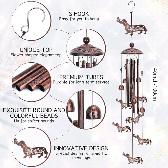 Dachshund Dog Wind Chimes for Outside, Metal Dog Windchimes for Women Men, Pet Memorial Wind Chime Birthday Gifts for Garden Decor Outdoor Memorial Housewarming Festival Gifts Front Yard Decor