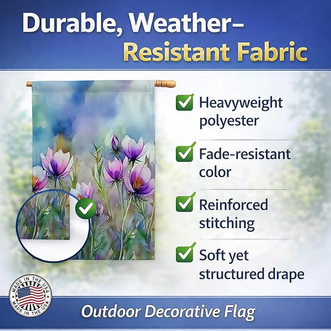 Caroline's Treasures South Dakota Pasque Flowers in Watercolor House Flag Large Porch Sleeve Pole Decorative Outside Yard Banner Artwork Wall Hanging, Polyester, House Size, Multicolor