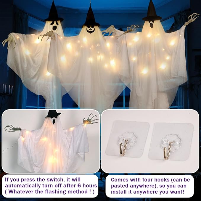 EASY JOY 3PCS Halloween Decorations Outdoor Hanging Ghost Decor with Lights Spooky Halloween Ornaments Ghosts Decorations for Front Porch Yard Tree